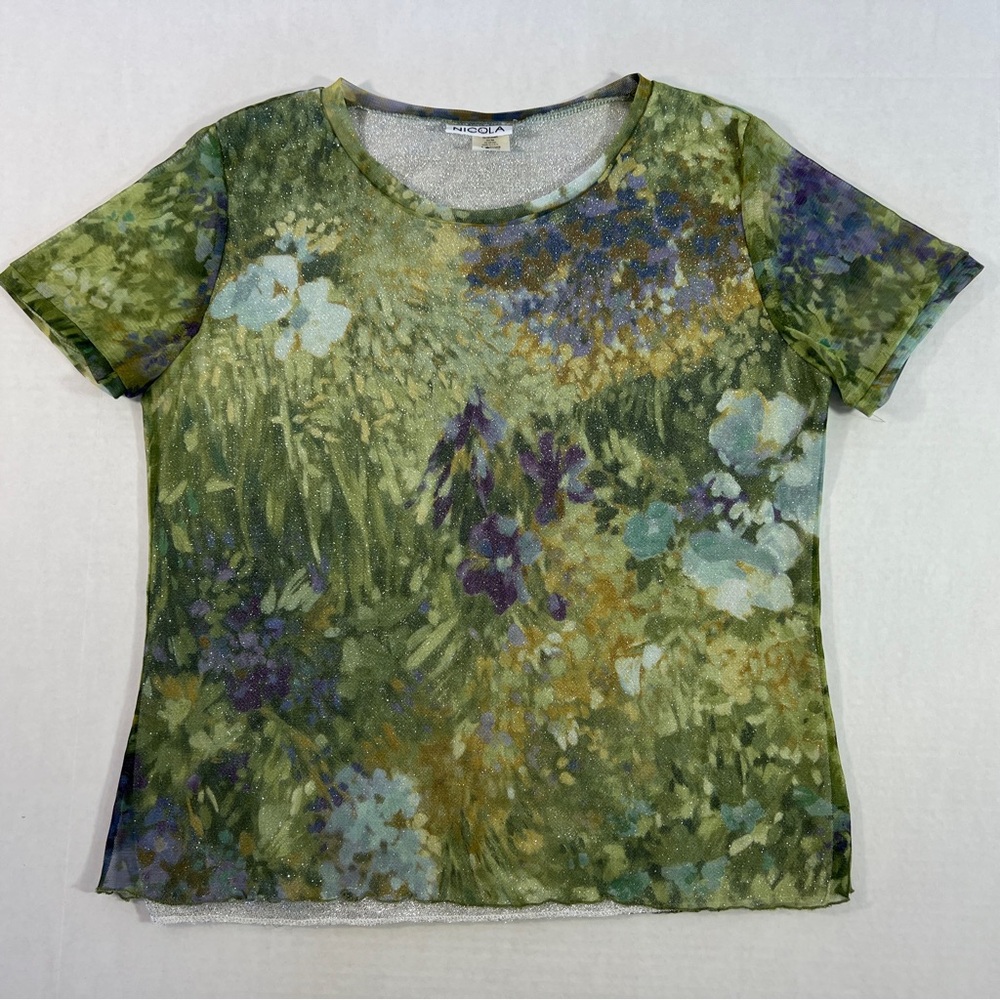 Nicola Womens Lined Floral Green Short Sleeve Blouse Size L